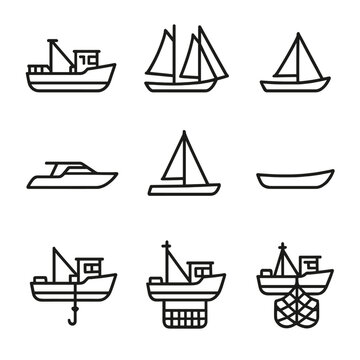 Fishing Boats Icons. Outline icon set of fishing boat types: trawler, schooner, dinghy, yacht, catamaran, skiff, longliner,
