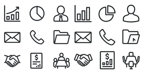 Essential business and communication icons for office use and analytics