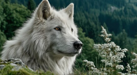 Obraz premium Majestic White Wolf Profile in Forest, Symbolizing Wildlife Conservation and Wilderness Exploration, Ideal for Nature Documentaries : Generative AI