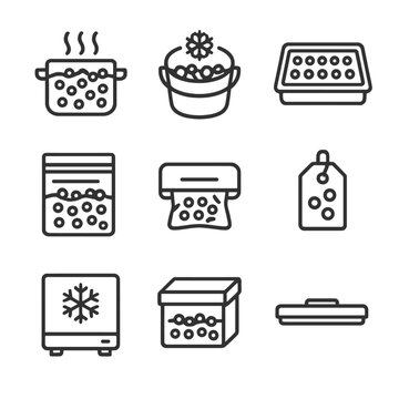 Frozen Pea Processing Icons. Outline icon set of frozen pea processing: blanching pot, ice bath bucket, freezing tray, zipper bag,