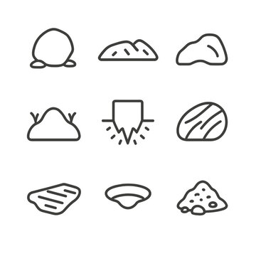 Glacial Rock Icons. Outline icon set of glacial and frost-formed rocks: erratic boulder, moraine ridge, roche moutonn&eacute;e,