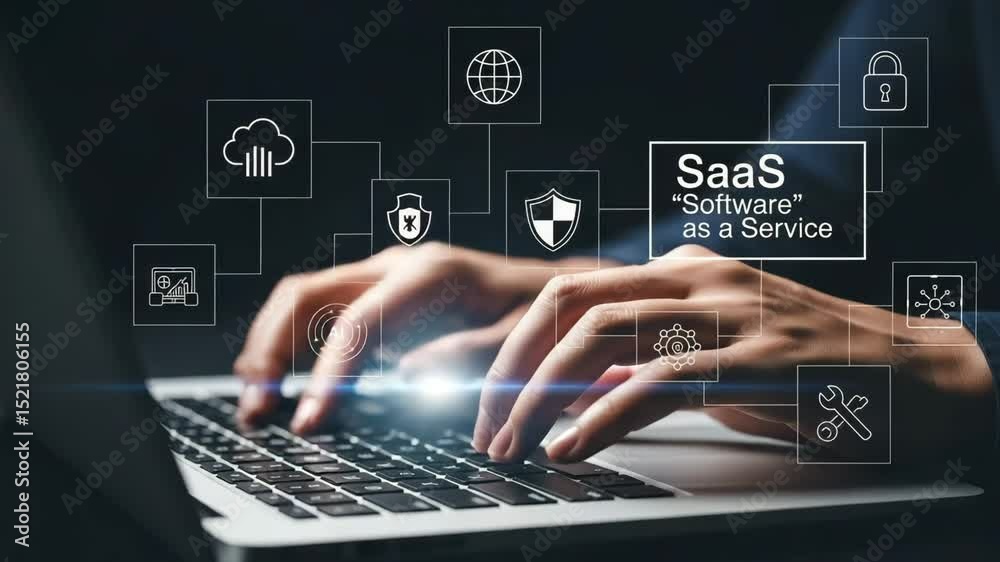 Poster Hands typing on laptop with saas software as a service and connected digital network icons overlayed