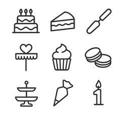 Obraz premium Anniversary Cake Icons. Outline icon set of anniversary cake and desserts: tiered cake, cake slice, frosting spatula, cake topper,