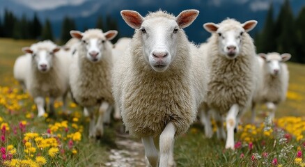 Fototapeta premium Flock of Sheep Walking Through a Meadow of Wildflowers, Symbolizing Rural Tourism and Sustainable Agriculture and Farming Practices : Generative AI