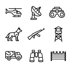 Border Security Icons. Outline icon set of border security operations: patrol helicopter, radar dish, night-vision goggles, guard