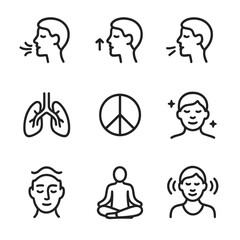Breathwork Icon Set. Outline icon set of breathwork: deep breathing, inhale, exhale, lungs, peace, relaxation, mindfulness, calm,