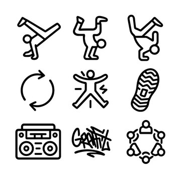 Breakdance Icon Set. Outline icon set of breakdance street crew: windmill spin, headspin silhouette, freeze pose, backspin arrow,