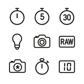 Camera Settings Icons. Outline icon set of shutter interval settings: one-second interval, five-second interval, thirty-second