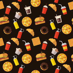 Seamless vector pattern with hand drawn fast food vector elements. Wallpaper for cafe or diner on dark background. Backdrop with snacks and drinks in simple geometric shapes