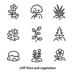Cliffside Flora Icons. Outline icon set of cliff flora and vegetation: cliffside flower, hardy shrub, alpine grass tuft, lichen