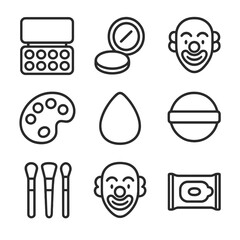 Clown Tools Icons. Outline icon set of clown tools: makeup kit, mirror compact, face stencil, paint palette, sponge applicator,