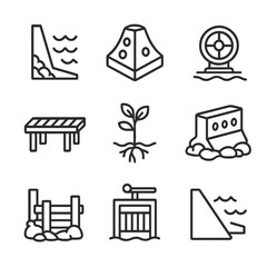 Coastal Protection Icons. Outline icon set of coastal protection measures: seawall segment, breakwater block, tidal gate valve,