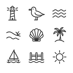 Fototapeta premium Coastal Icons Grid. Outline icon set of coastal vista: lighthouse, seagull, waves, sand dune, seashell, palm tree, sailboat, pier,