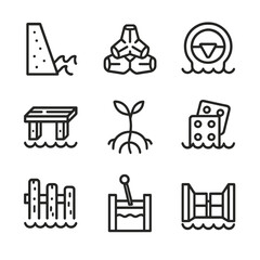 Coastal Protection Icons. Outline icon set of coastal protection measures: seawall segment, breakwater block, tidal gate valve,