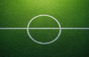 Fototapeta premium Green synthetic grass sports field. White line markings show center circle. Top-down shot, used for soccer, football, rugby or baseball game. Sport field concept. Modern green background.