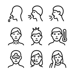 Cold Symptoms Icons. Outline icon set of common cold symptoms: runny nose, sneezing, cough, sore throat, headache, fever,