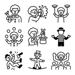 Clown Performance Icons. Outline icon set of clown performances: balloon animal twist, pie throw, plate spinning, juggling act,
