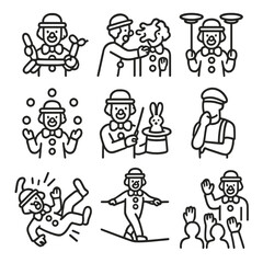 Fototapeta premium Clown Performance Icons. Outline icon set of clown performances: balloon animal twist, pie throw, plate spinning, juggling act,