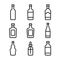 Cocktail Icon Set. Outline icon set of cocktail ingredients: vodka bottle, gin bottle, rum bottle, tequila bottle, whiskey bottle,