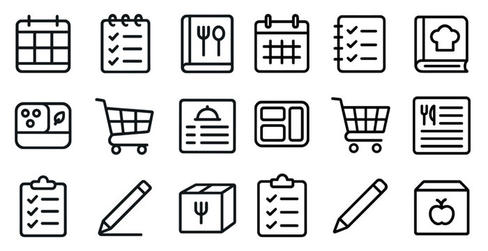 Meal planning and shopping list icon set for organized living
