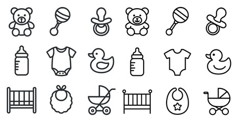 Baby essentials icon set for nursery and playroom designs