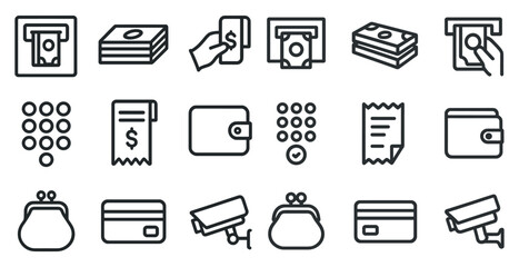 Finance and security icons for payment and cash withdrawals
