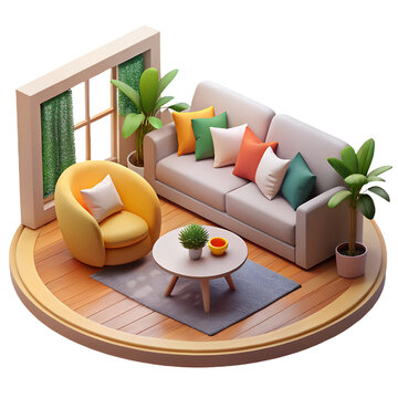 3D isometric cartoon rendering of a sofa in a modern style, with transparent background.