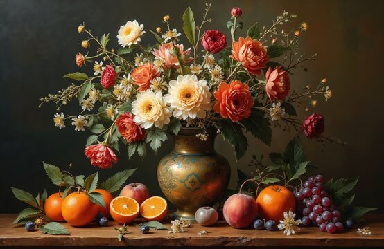 Naklejki Vintage floral still life composition in Dutch Masters style. Bouquet of colorful flowers in antique golden vase. Fruits on wooden table. Oil painting style, fine art, for interior decoration.