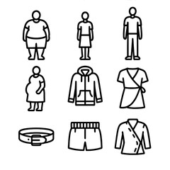 Inclusive Sizing Icons. Outline icon set of inclusive sizing silhouettes: plus-size model, petite frame, tall height, maternity