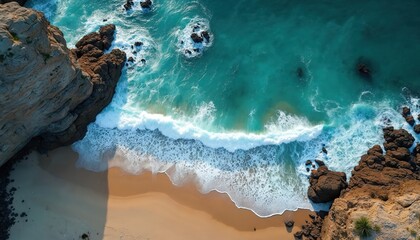Aerial view of rocky coastline ocean waves crash against shore. Turquoise water, sandy beach, cliffs, rocks compose marine landscape. Travel to exotic locations, scenic nature beauty, vacation,