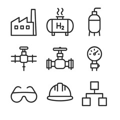 Industrial Hydrogen Icons. Outline icon set of industrial hydrogen integration: factory silhouette, steam boiler, reaction vessel,
