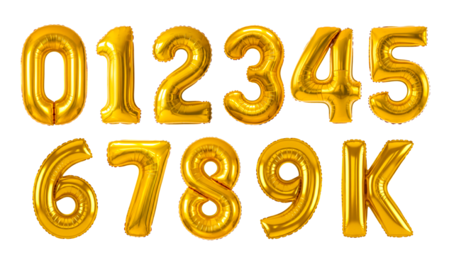 Conjunto de balões inflados de número dourados, do zero ao nove e a letra k - Powered by Adobe