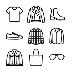 Jean Outfit Icons. Outline icon set of jean outfit pairings: white tee, leather jacket, ankle boots, canvas sneakers, plaid shirt,