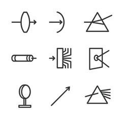 Optics Icon Set. Outline icon set of optics and light demonstrations: convex lens, concave mirror, prism, laser pointer,