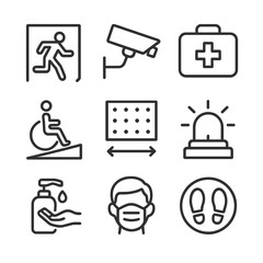 Library Safety Icons. Outline icon set of library safety and accessibility: fire exit sign, CCTV camera, first aid kit, wheelchair