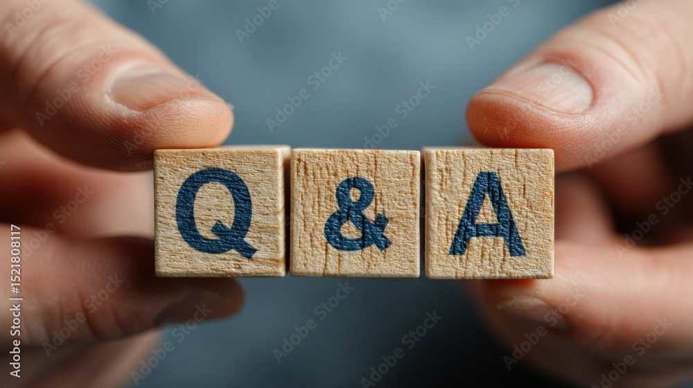 Poster Wooden Blocks Spelling Q&A Held by Hands, Illustrating Knowledge Sharing and Information Exchange for Business Solutions and Problem Solving : Generative AI