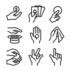 Fototapeta premium Magic Trick Icons. Outline icon set of sleight of hand tricks: coin manipulation, card tricks, magic ring, hat trick, hidden