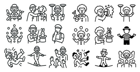 Playful collection of circus performers and entertainers in line art