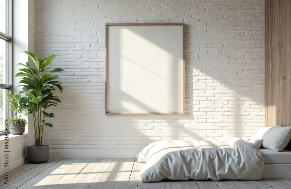 Poster empty square canvas frame mockup on white brick wall in loft room. sunlight, shadow from large windo