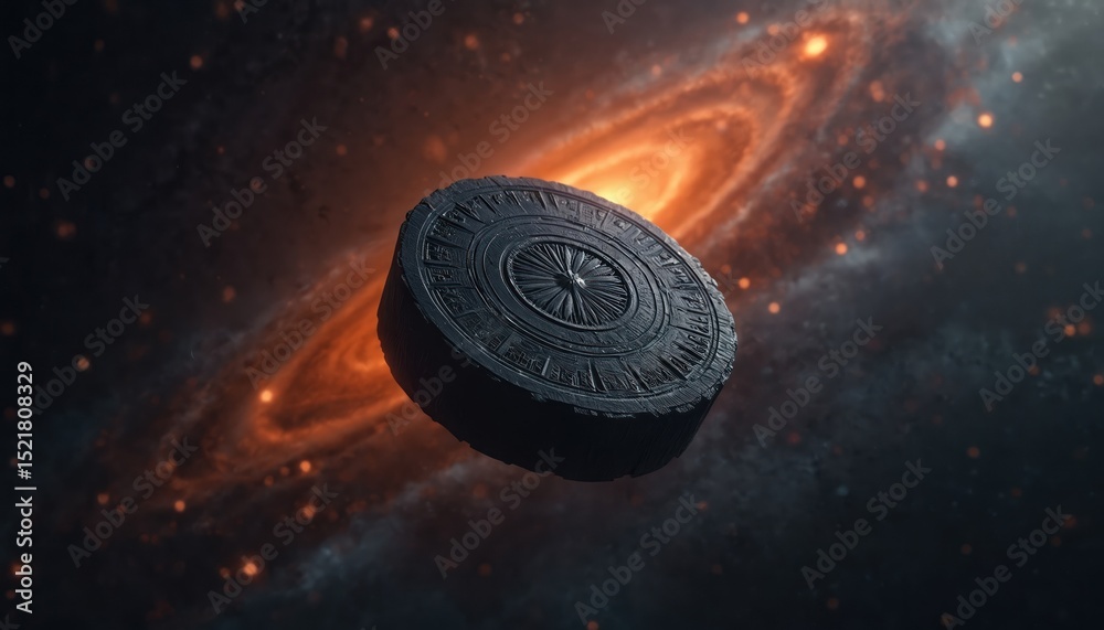 Aufkleber dark disc object floats in space against nebula. cosmic body design in universe. 3d render with oran
