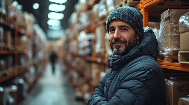 Worker in an e commerce warehouse picking and packing orders for same day delivery