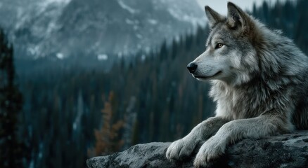 Wolf Resting on Rocky Outcrop Overlooking Forest, Symbolizing Wilderness Conservation and Environmental Awareness in Nature Photography : Generative AI