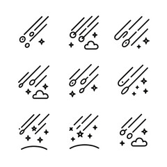 Meteor Shower Icons. Outline icon set of meteor shower events: Perseids peak, Geminids, Leonids, Lyrids, Orionids, Quadrantids,