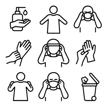 PPE Icon Guide. Outline icon set of donning and doffing PPE steps: hand hygiene dispenser, gown donning, mask fitting, glove