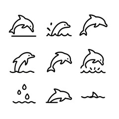 Obraz premium Dolphin Jump Icon Set. Outline icon set of dolphin jump animation frames: dive pose, water entry, ascent curve, surface break, mid
