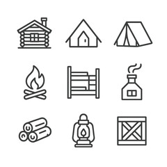 Mountain Shelters Icons. Outline icon set of mountain huts and shelters: wooden cabin, emergency shelter, tent pitched, fire pit,