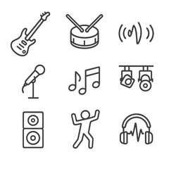 Musical Icon Set. Outline icon set of musical excitement: electric guitar, drumsticks hitting, sound waves, microphone stand,