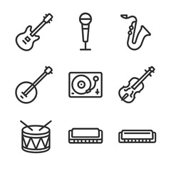 Obraz premium Musical Genre Icons. Outline icon set of musical genres live: rock guitar, pop microphone, jazz saxophone, EDM synth, country