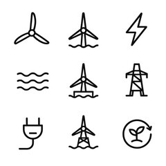Offshore Wind Icons. Outline icon set of offshore wind turbine design: turbine blades, ocean, offshore, energy, power generation,