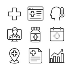 Online Health Icons. Outline icon set of health information online: medical cross, health website, symptom checker, doctor video